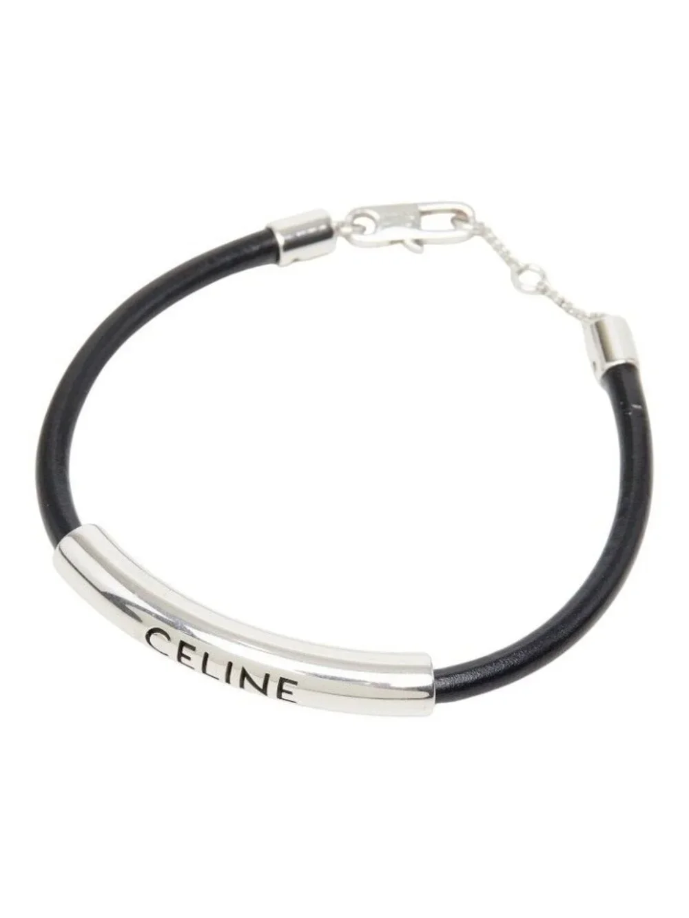 Celine Logo Tube Bracelet Black Silver Metal Leather